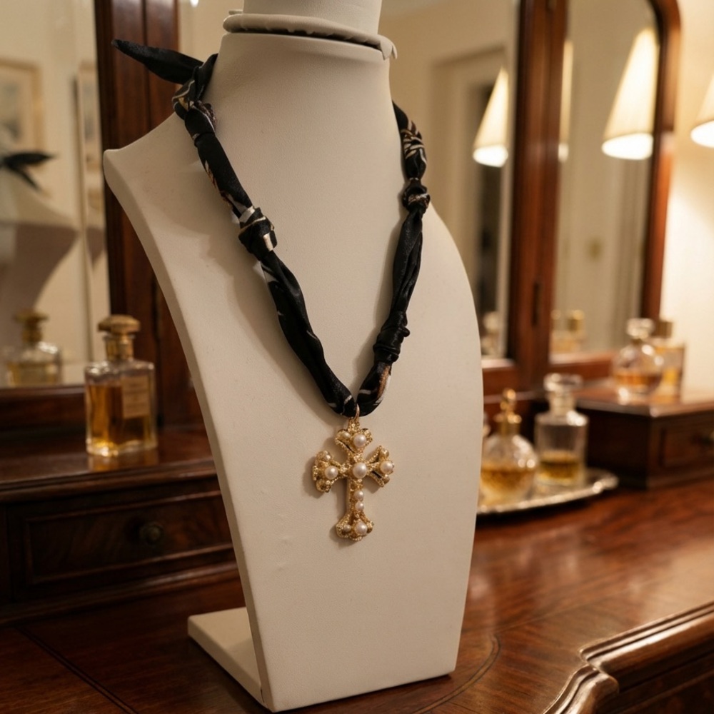 Elegant Cross Charm Pendant Necklace Scarf in a black pattern - Picture 2 of 2
